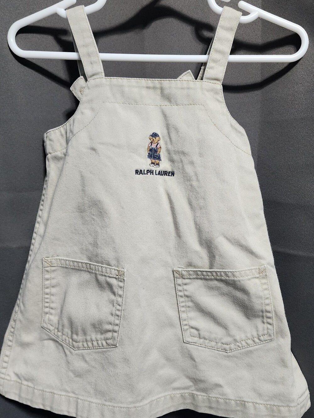 Vintage Polo Ralph Lauren Bear Khaki Overall Jumper Dress Kids Size 6-12 Month